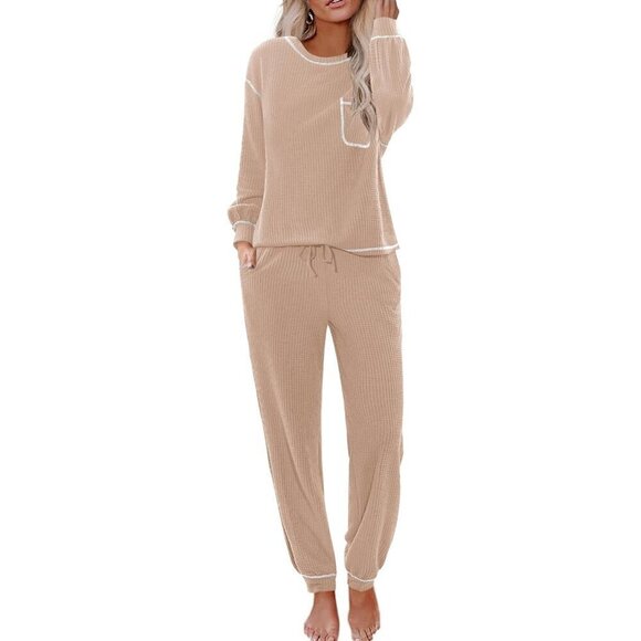 Women Cream Pajamas Set Waffle Knit Long Sleeve Lounge Set 2 Piece Pj Loungewear - Picture 1 of 6